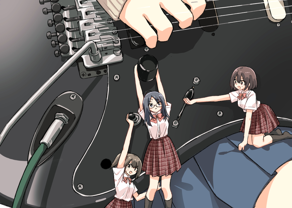 This is a pixiv picture whose title is 演奏中にみんなで支えてくれる女子高生.