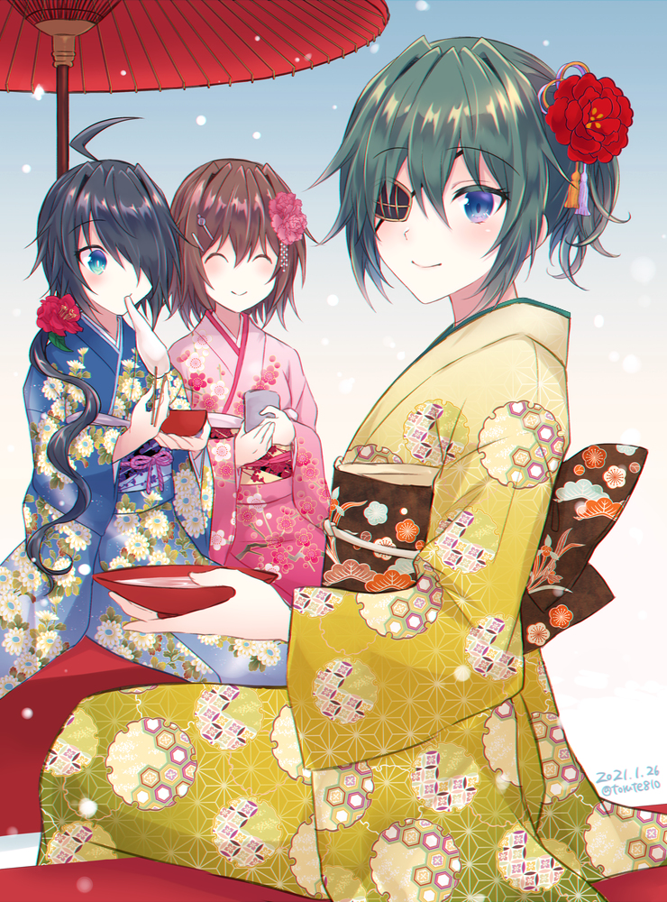 This is a pixiv picture whose title is 謹賀新年加古鷹＋木曾さん＆お知らせ.