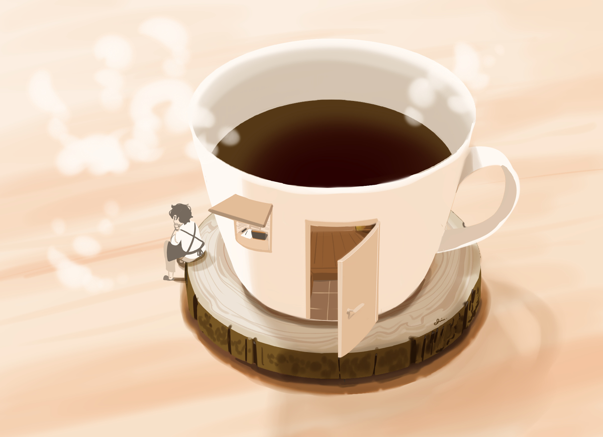 This is a pixiv picture whose title is コーヒーカップと作家.