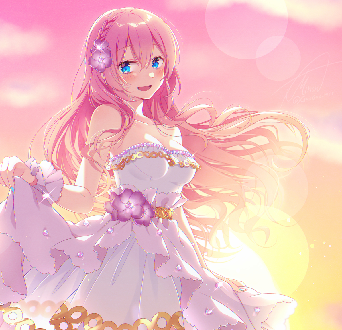 This is a pixiv picture whose title is 桃色の夕焼け.
