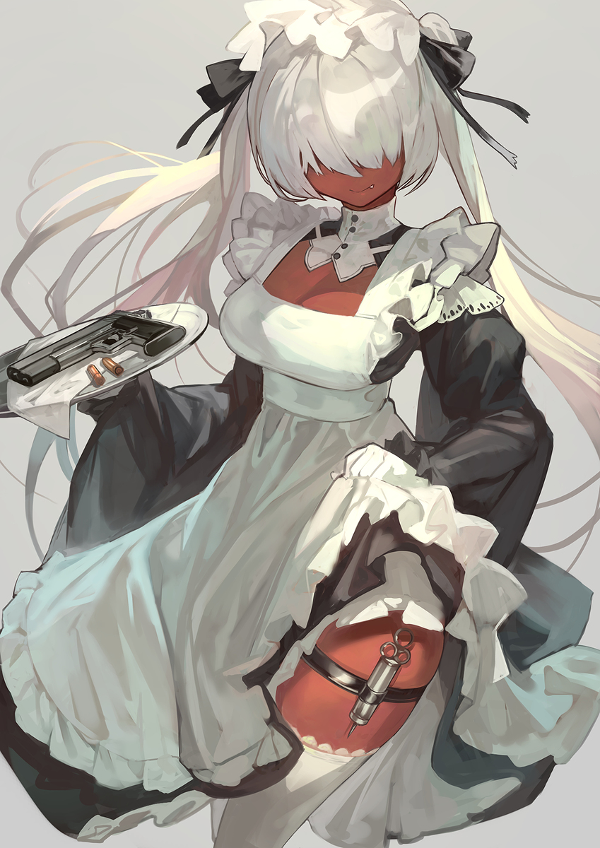 This is a pixiv picture whose title is ロンスカ褐色メカクレメイド☕.