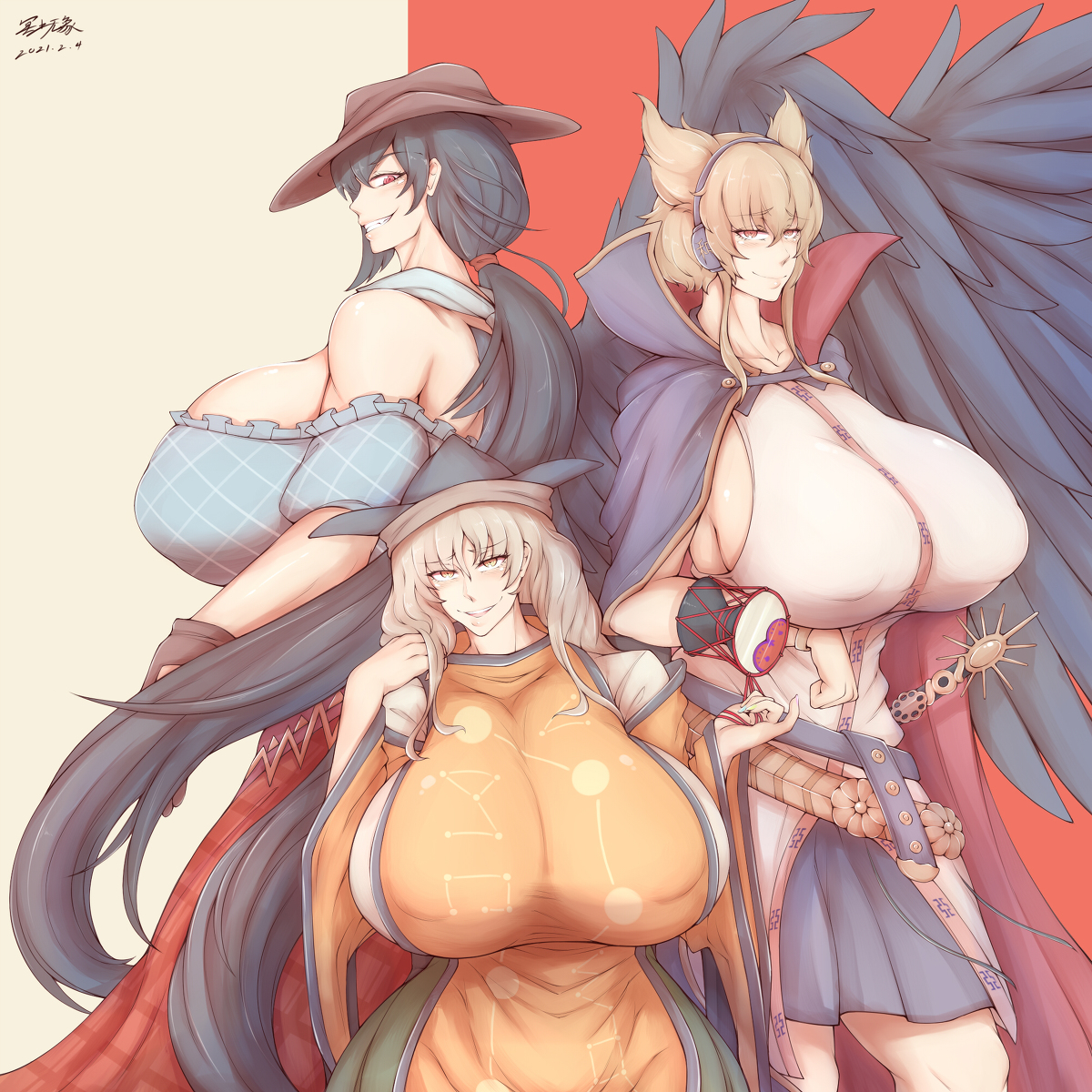 This is a pixiv picture whose title is 摩多羅隠岐奈&驪駒早鬼&豊聡耳神子.