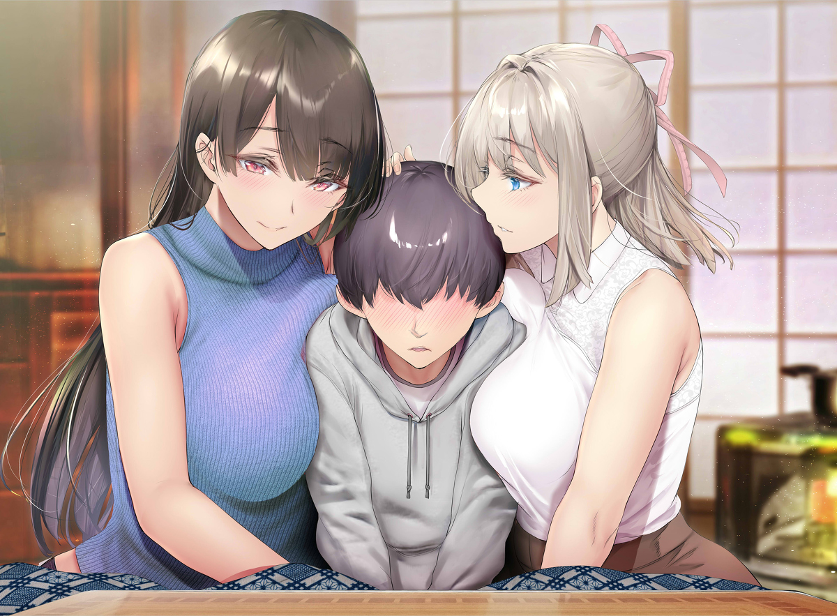 This is a pixiv picture whose title is 年末に帰省した際、気になる男の子がこたつで寒そうにしていると、ヒ.