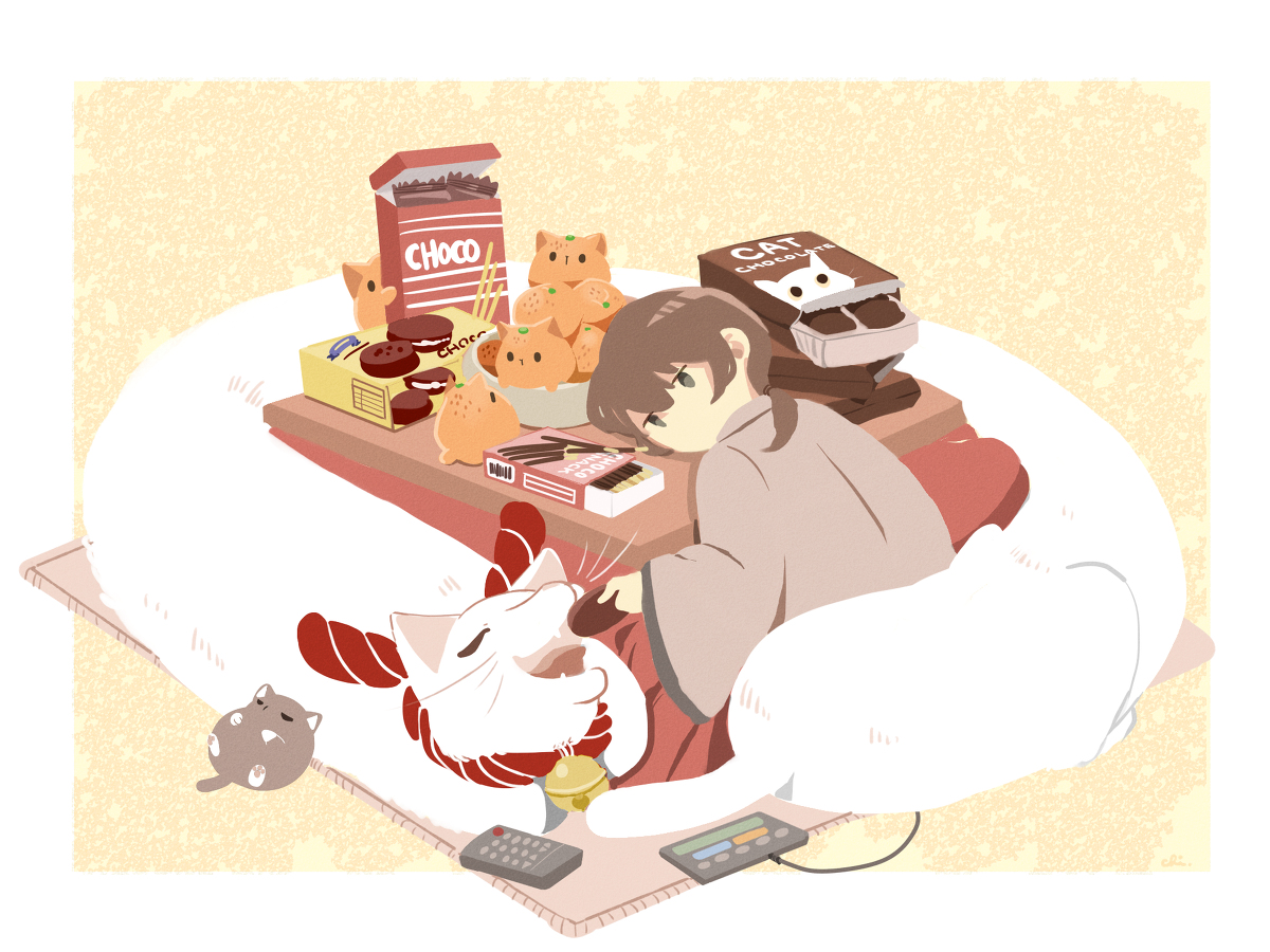 This is a pixiv picture whose title is こたつと猫とチョコレート.