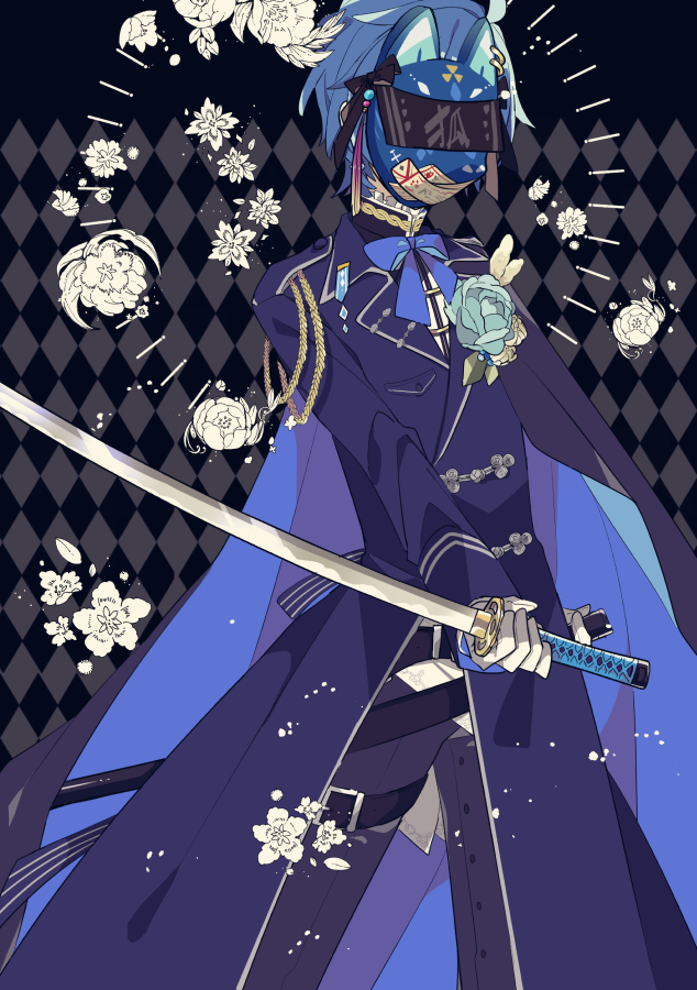 This is a pixiv picture whose title is 青色の狐面.