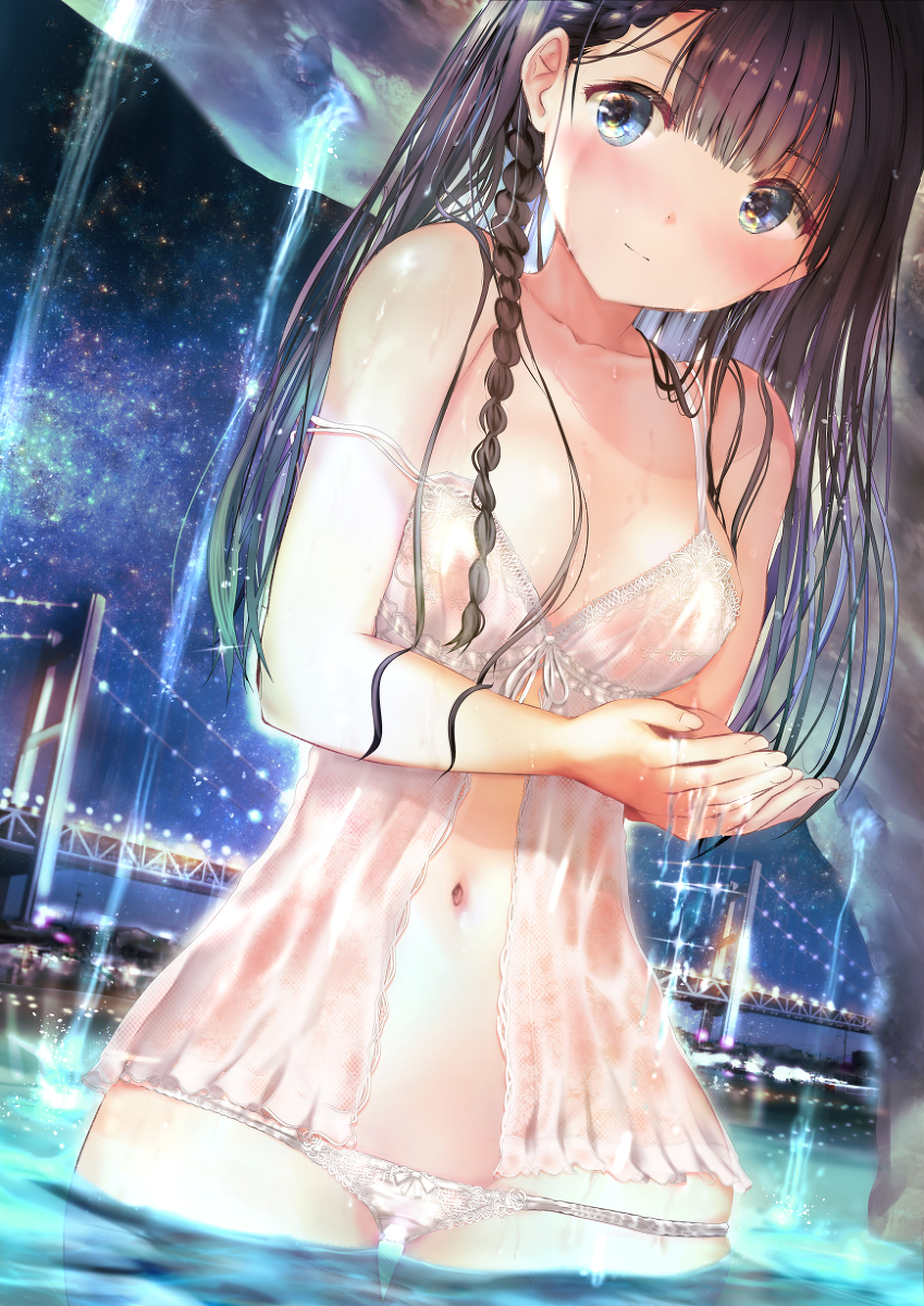 This is a pixiv picture whose title is 水辺×夜景×ランジェリー.