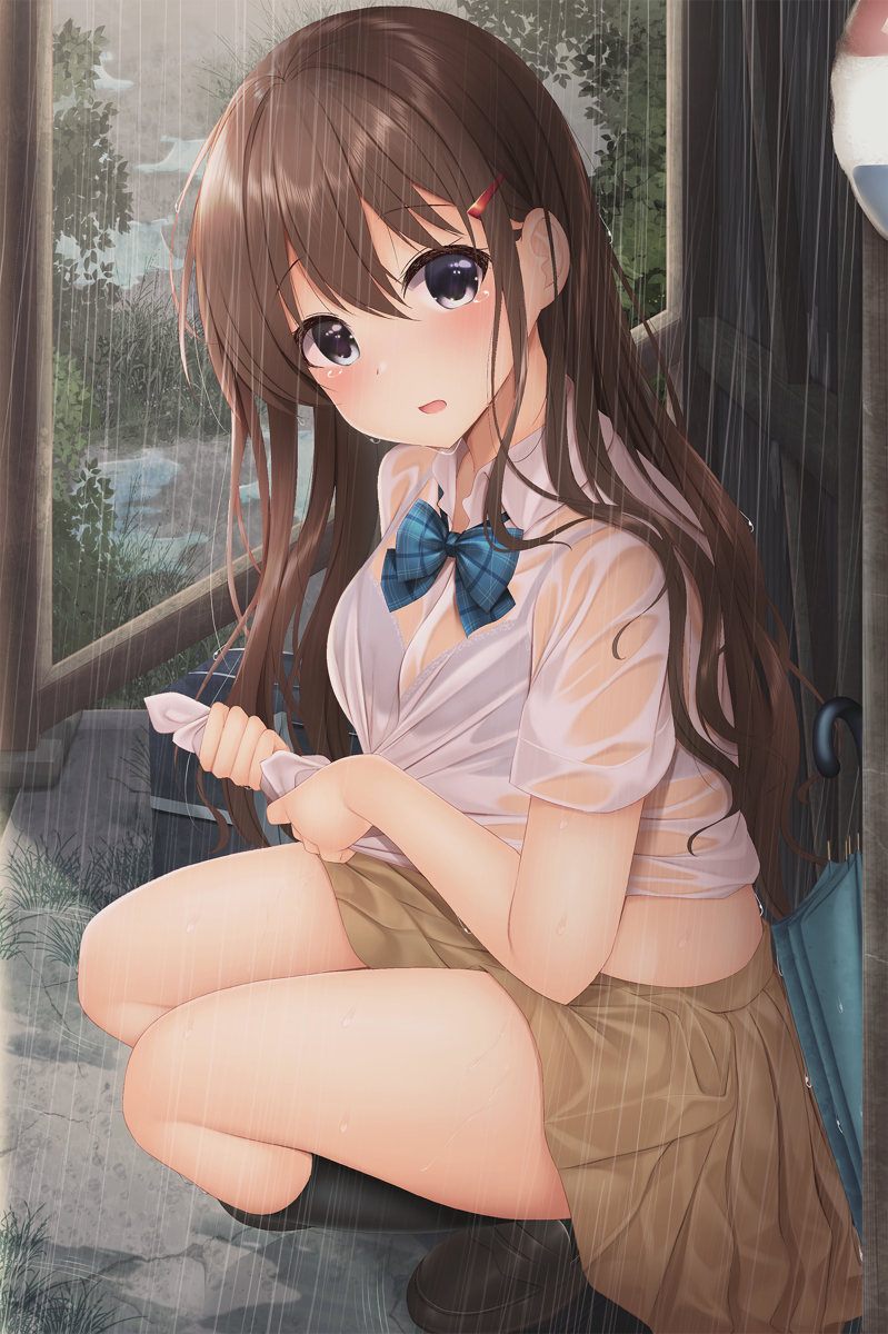 This is a pixiv picture whose title is 雨で濡れたＪＫちゃんとバス停で二人きり.