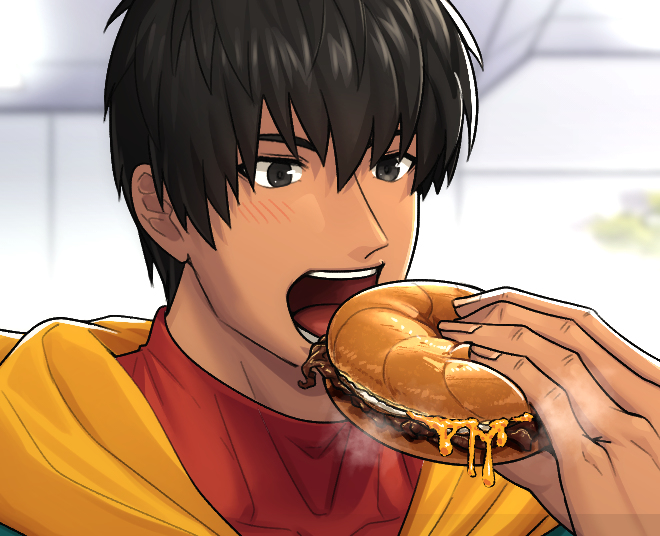 This is a pixiv picture whose title is プルコギベーグルサンドを食べるアーラシュ.