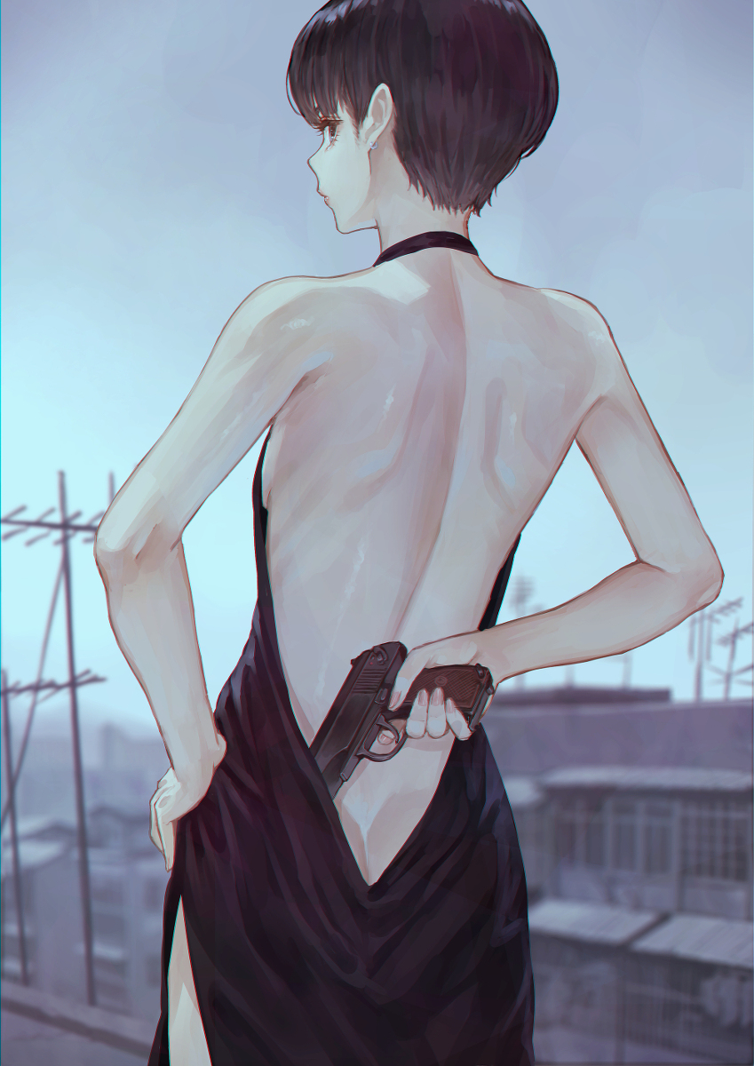 This is a pixiv picture whose title is 拳銃と背中.