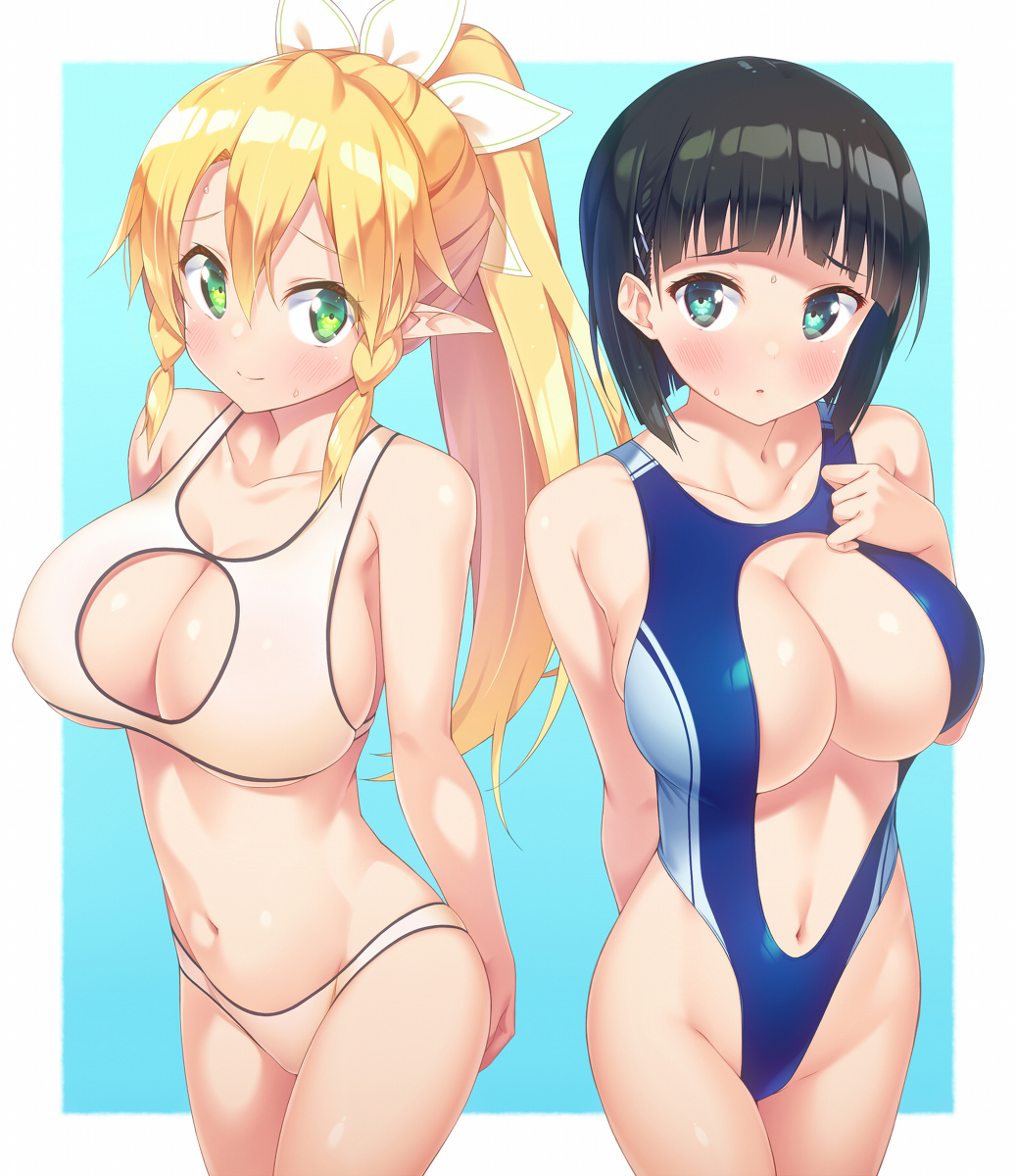 This is a pixiv picture whose title is 直葉ちゃんとリーファちゃんにいかがわしい水着を着てもらいました.