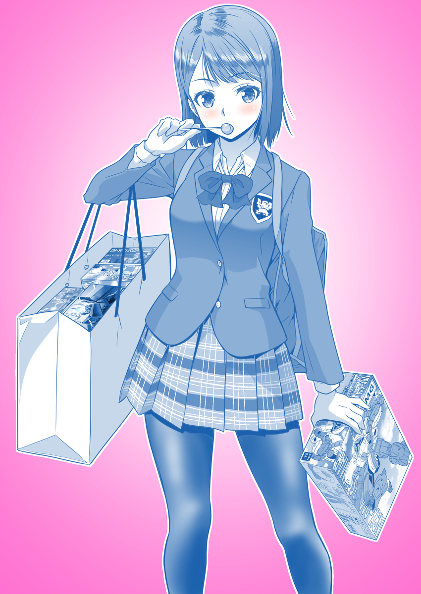 This is a pixiv picture whose title is 落書き【制服姿でプラモを買い漁るホビー系女子化男子】.