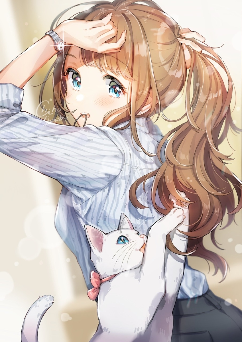 This is a pixiv picture whose title is 猫とポニーテール.