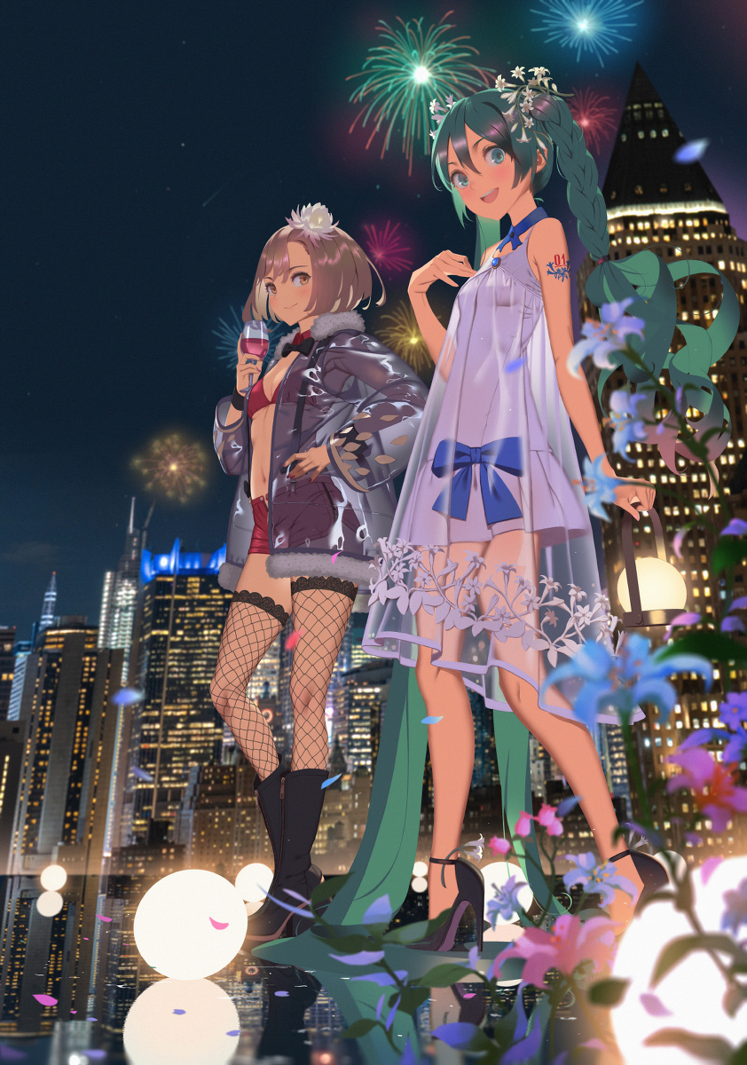 This is a pixiv picture whose title is Miku and Meiko's party night..