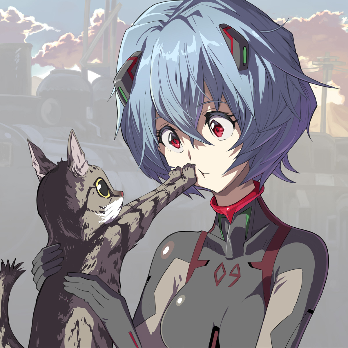 This is a pixiv picture whose title is 猫とアヤナミレイ（仮称）.