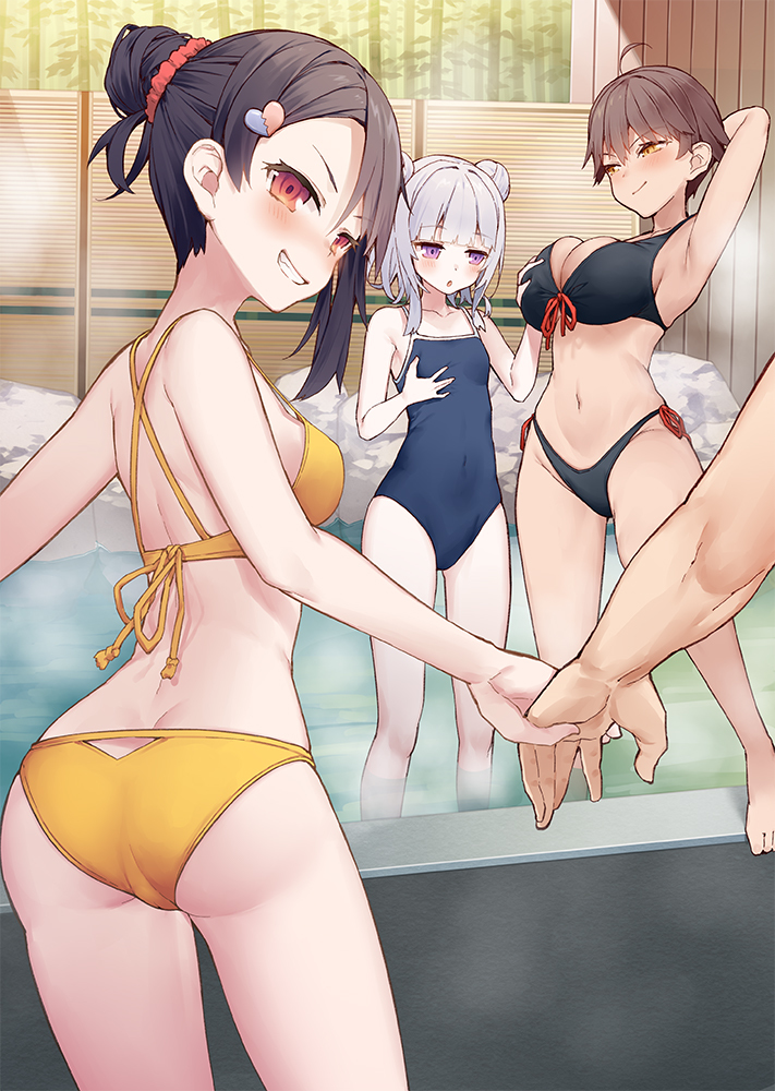 This is a pixiv picture whose title is 「貸切風呂なら水着オッケー！」《温泉旅行編》.