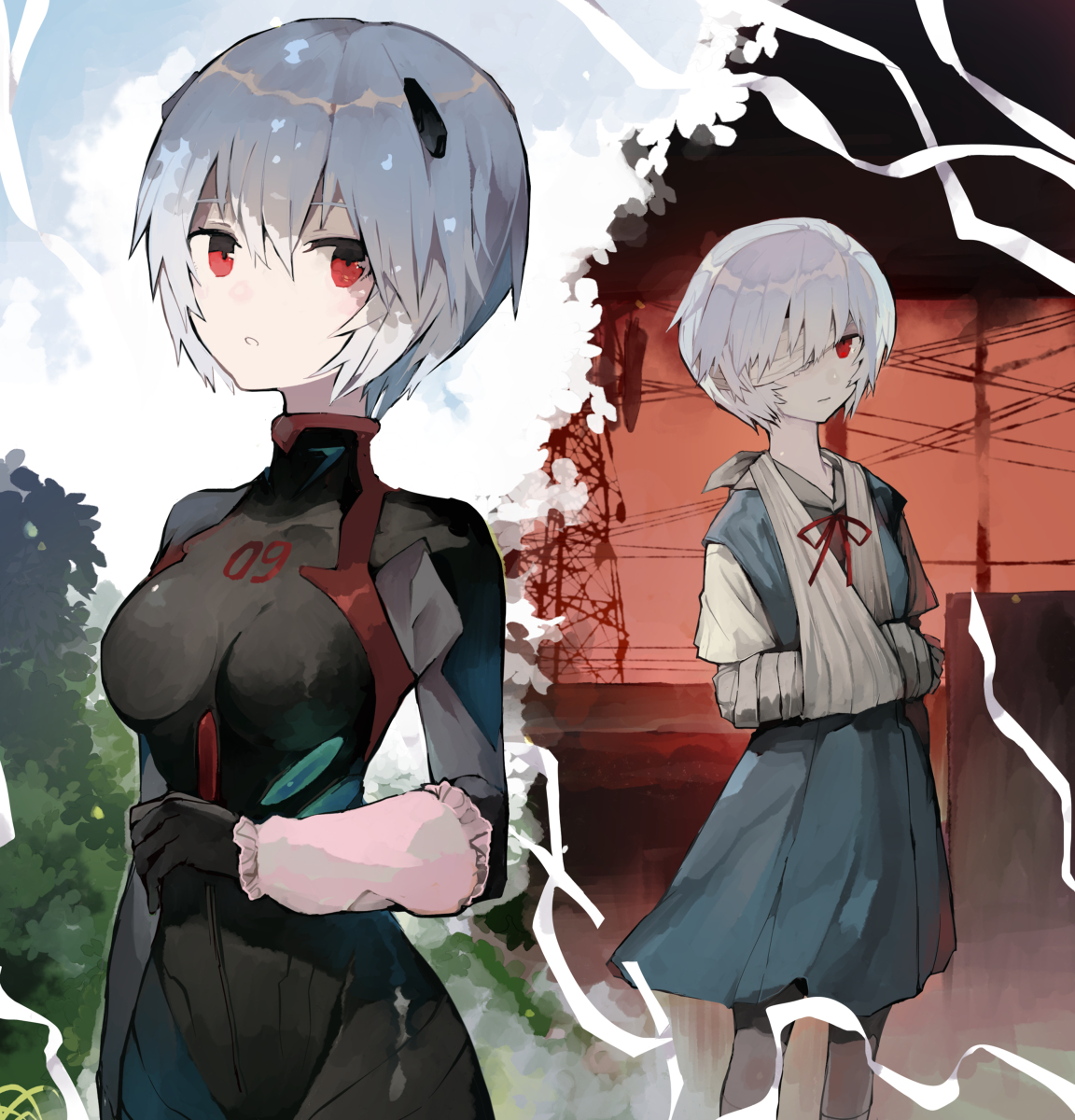 This is a pixiv picture whose title is 綾波レイ仮称と包帯で真っ白な少女.
