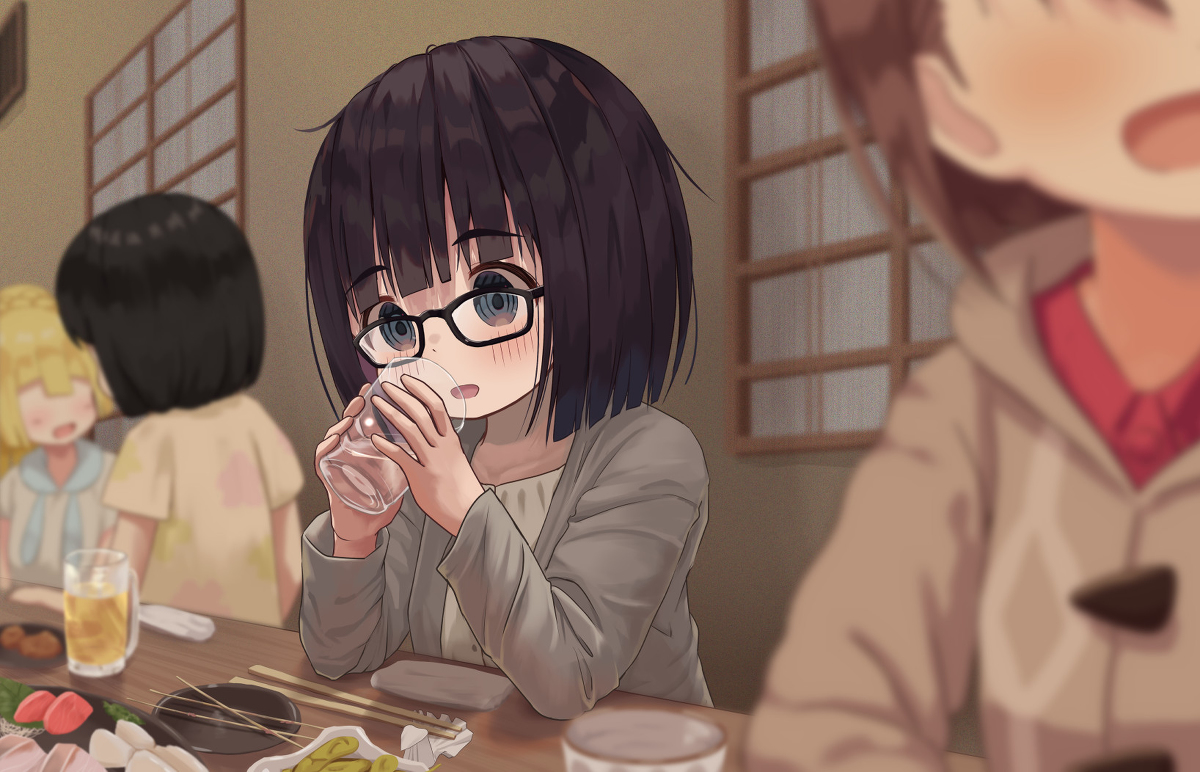 This is a pixiv picture whose title is 職場の飲み会で会話できずに永遠に水を飲んでいるアラサー.