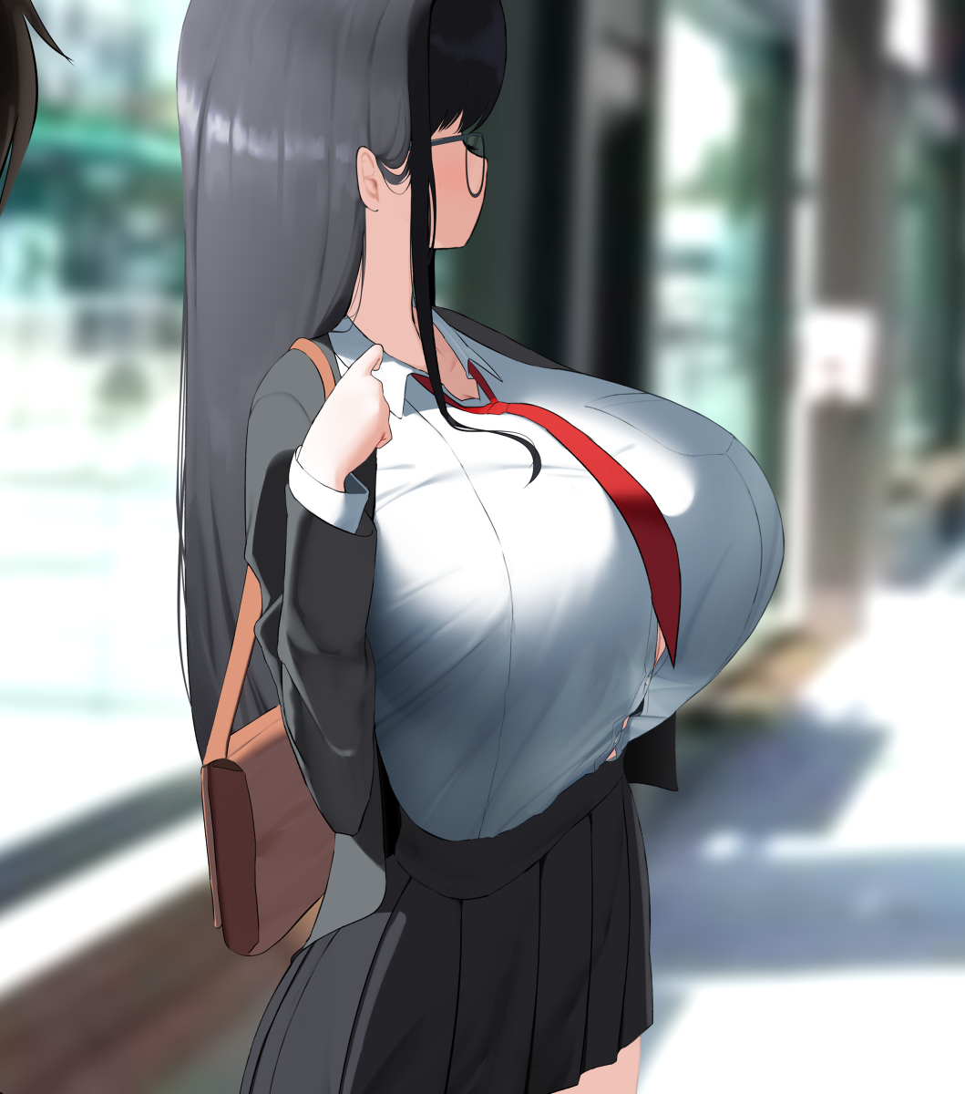 This is a pixiv picture whose title is バス停でとんでもないサイズの女子高生を見た.