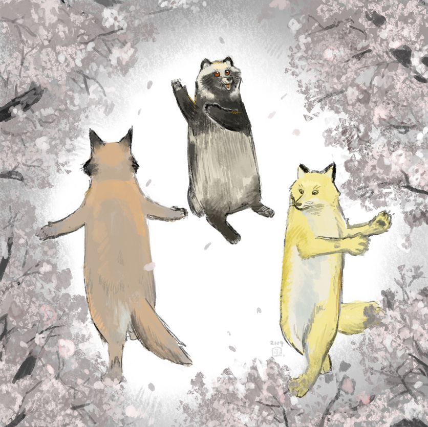 This is a pixiv picture whose title is 人間が寝静まった頃、桜とゆかいに踊る。「「「わー」」」.