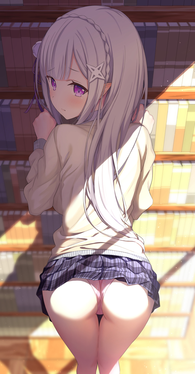 This is a pixiv picture whose title is エミリアと放課後の図書室にて….