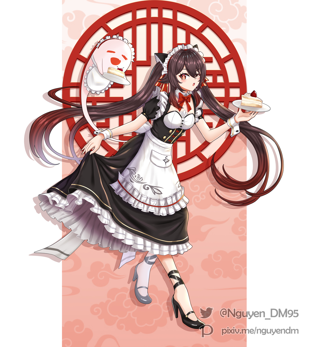 This is a pixiv picture whose title is Maid and Butler Hu Tao.