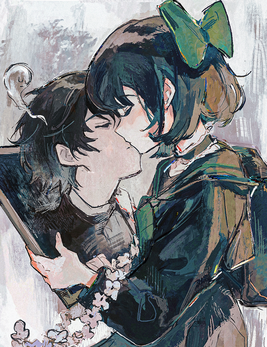 This is a pixiv picture whose title is 文学少女と遺影の少年.