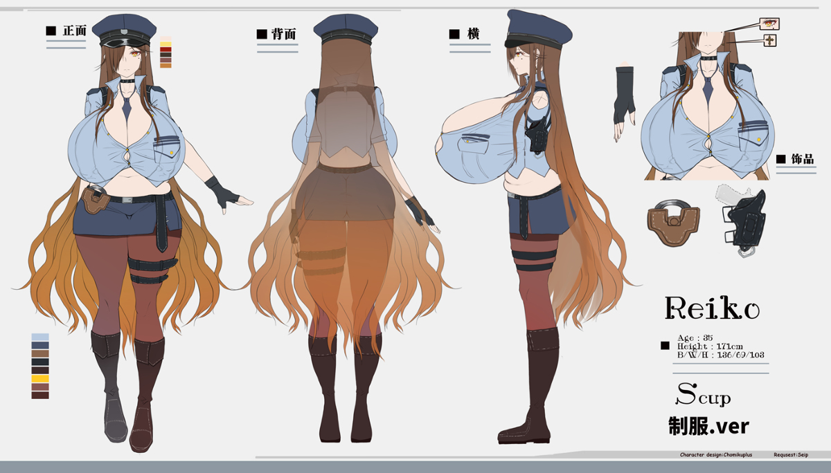 This is a pixiv picture whose title is Sカップ女性警察官「Reiko」設定資料.