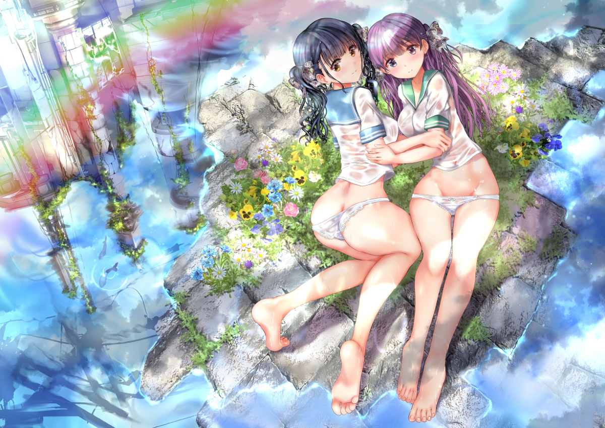 This is a pixiv picture whose title is 【5月新刊お知らせ】水没都市×虹×濡れ透け×百合.