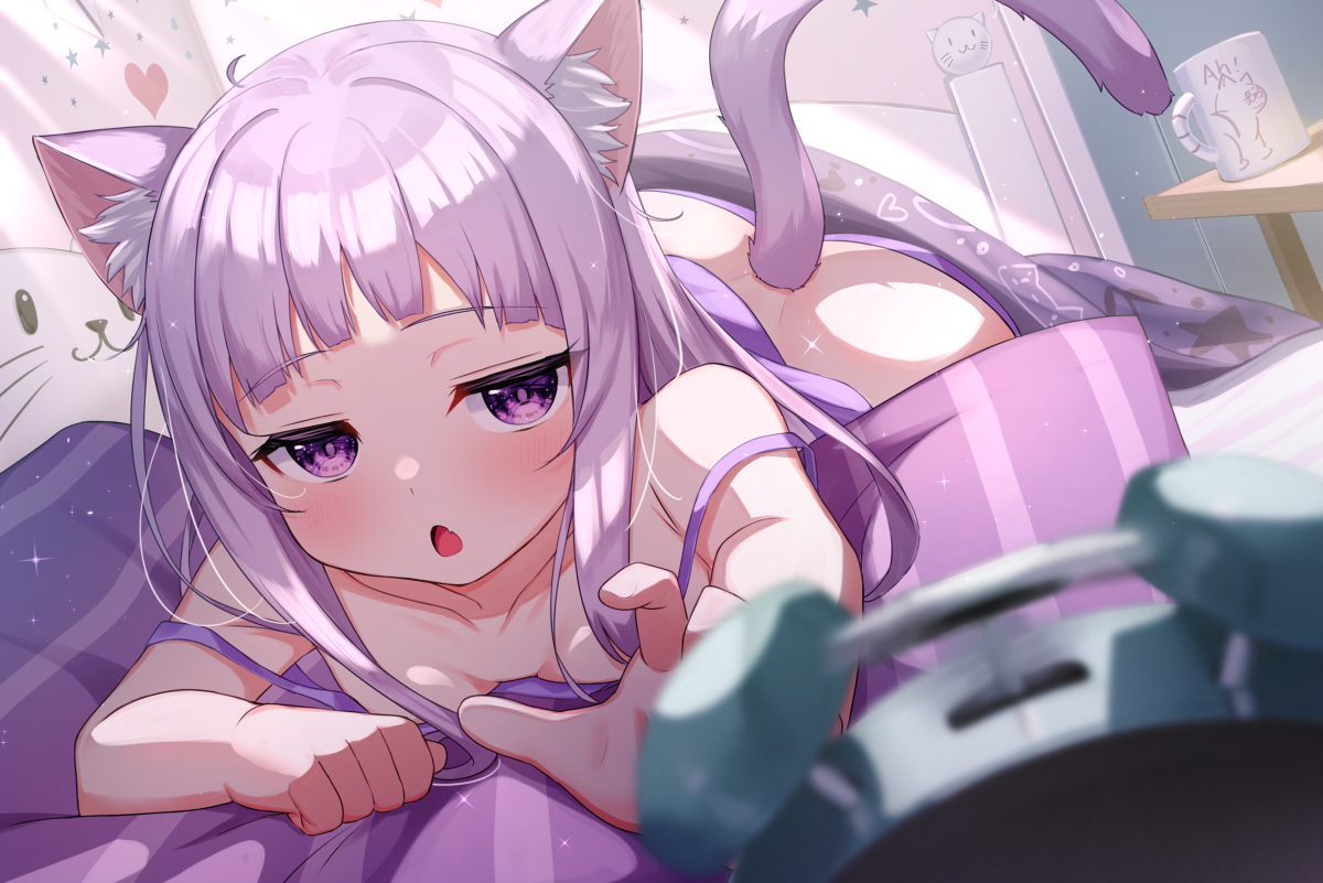 This is a pixiv picture whose title is 「んにゃ～もう朝にゃ～...」.
