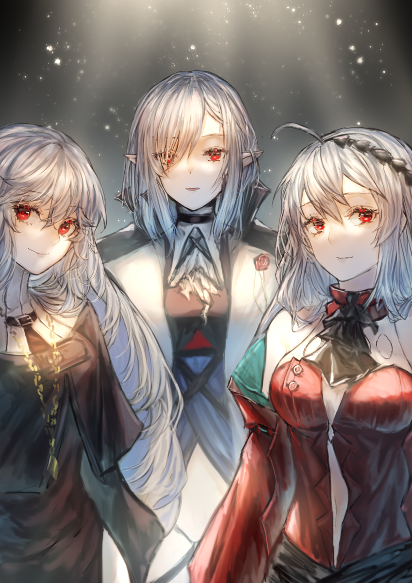 This is a pixiv picture whose title is 凝视恶灵的歌手，修女，和设计师（X）.
