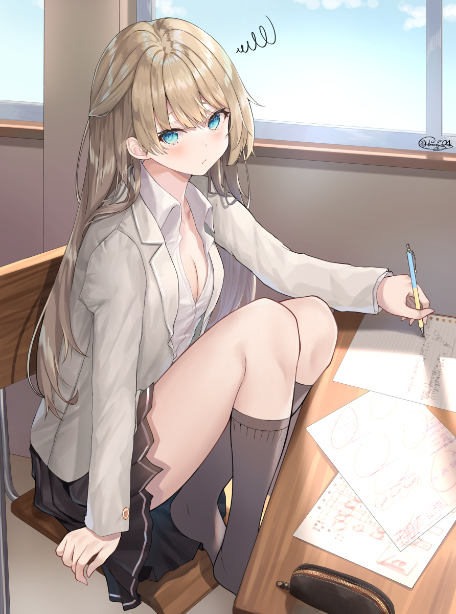 This is a pixiv picture whose title is 気になる人に勉強を教えてあげたくて様子を伺うIQ２００ギャルJK.