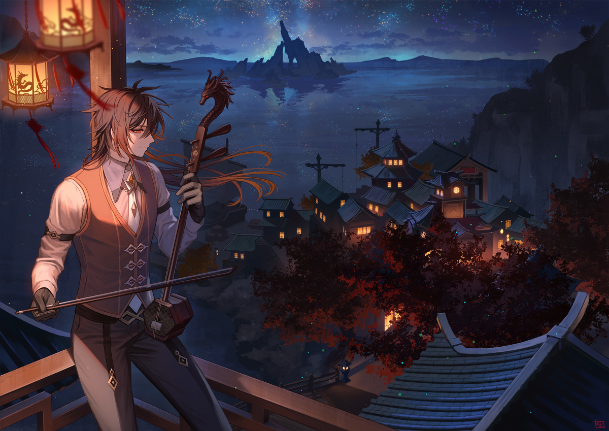 This is a pixiv picture whose title is 二胡を弾く鍾離先生.