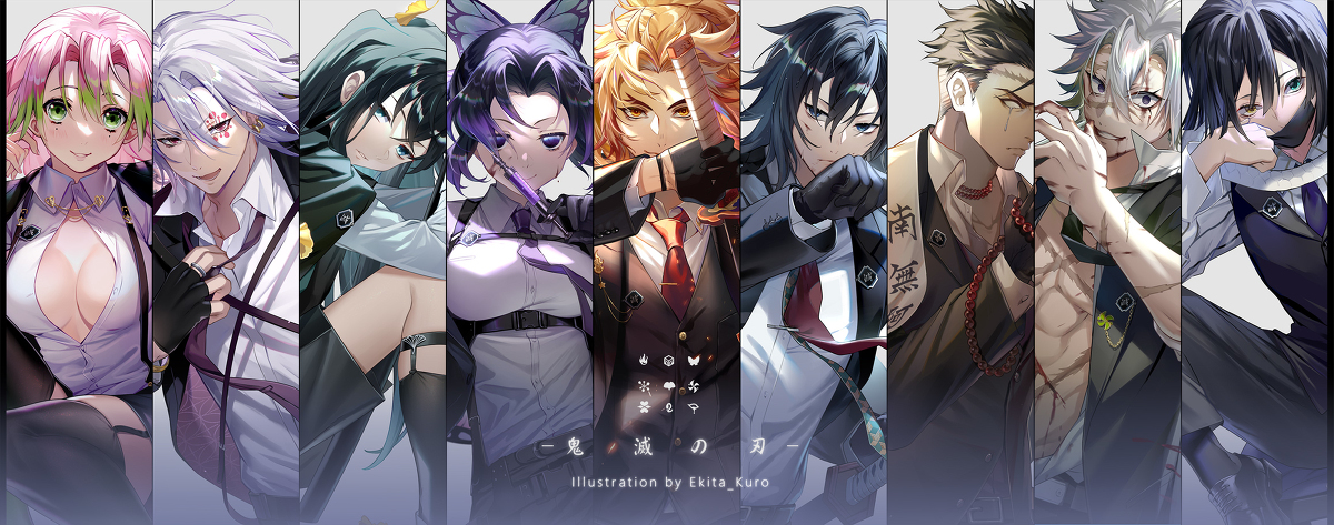 This is a pixiv picture whose title is 鬼滅の刃スーツ風.