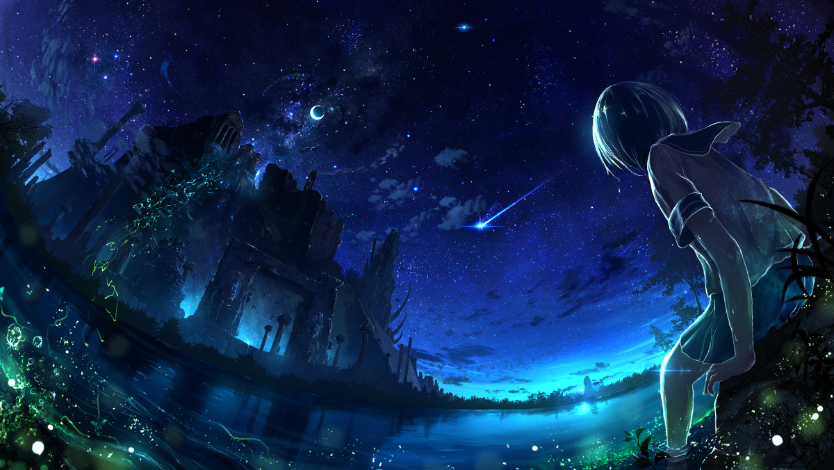 This is a pixiv picture whose title is 蛍火の遺跡.