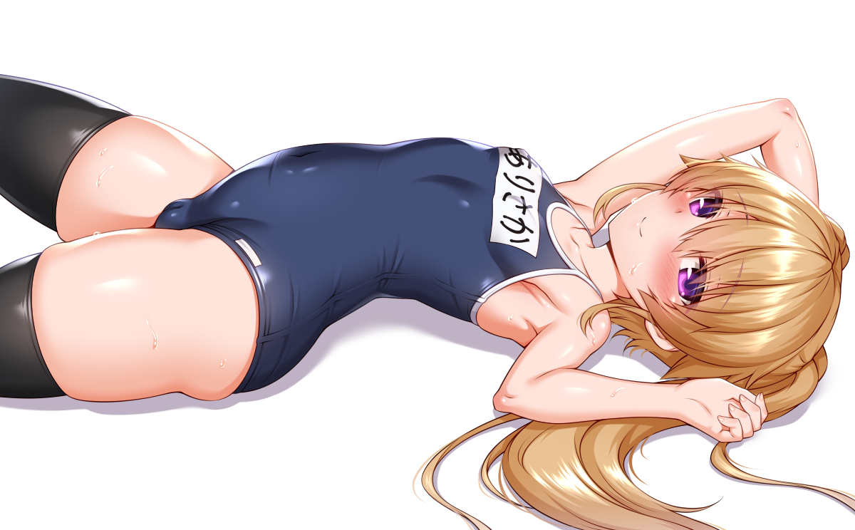 This is a pixiv picture whose title is 横になってモリマン強調しちゃうスク水真白ちゃん.