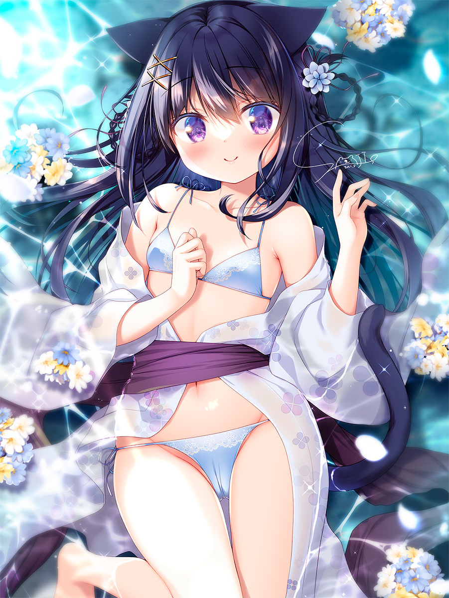 This is a pixiv picture whose title is 水辺の黒猫.