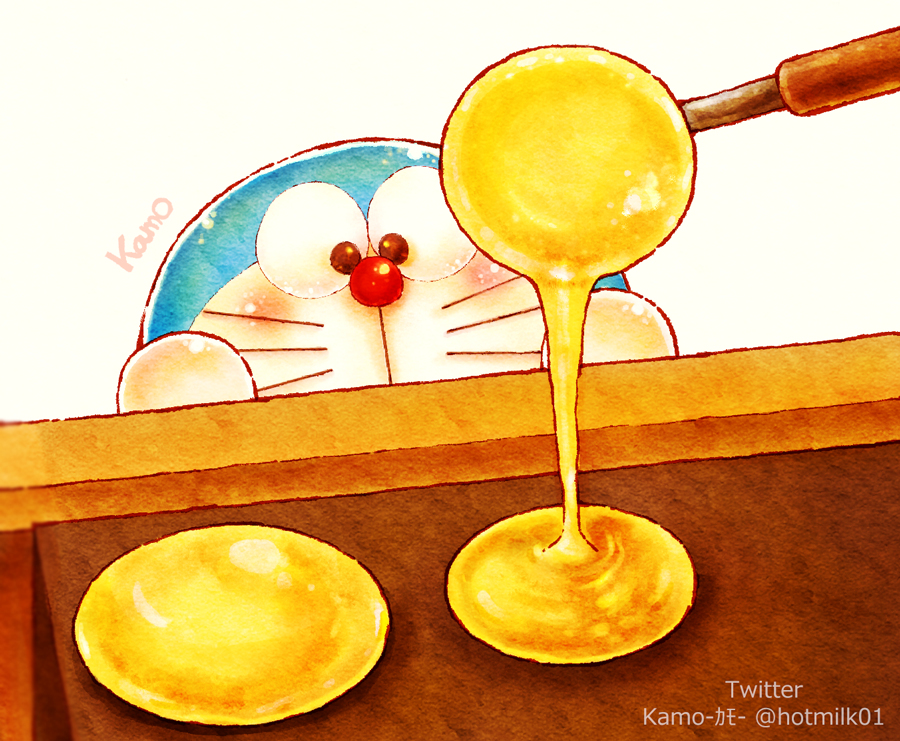 This is a pixiv picture whose title is どら焼きをジッと待つドラえもん.