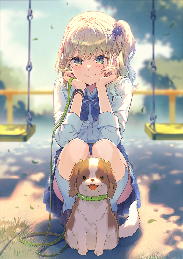 This is a pixiv picture whose title is パパ活ＪＫの弱みを握ったので、犬の散歩をお願いしてみた。.