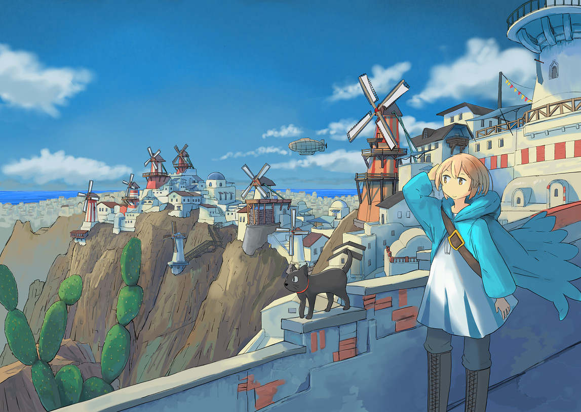 This is a pixiv picture whose title is 風車の街.