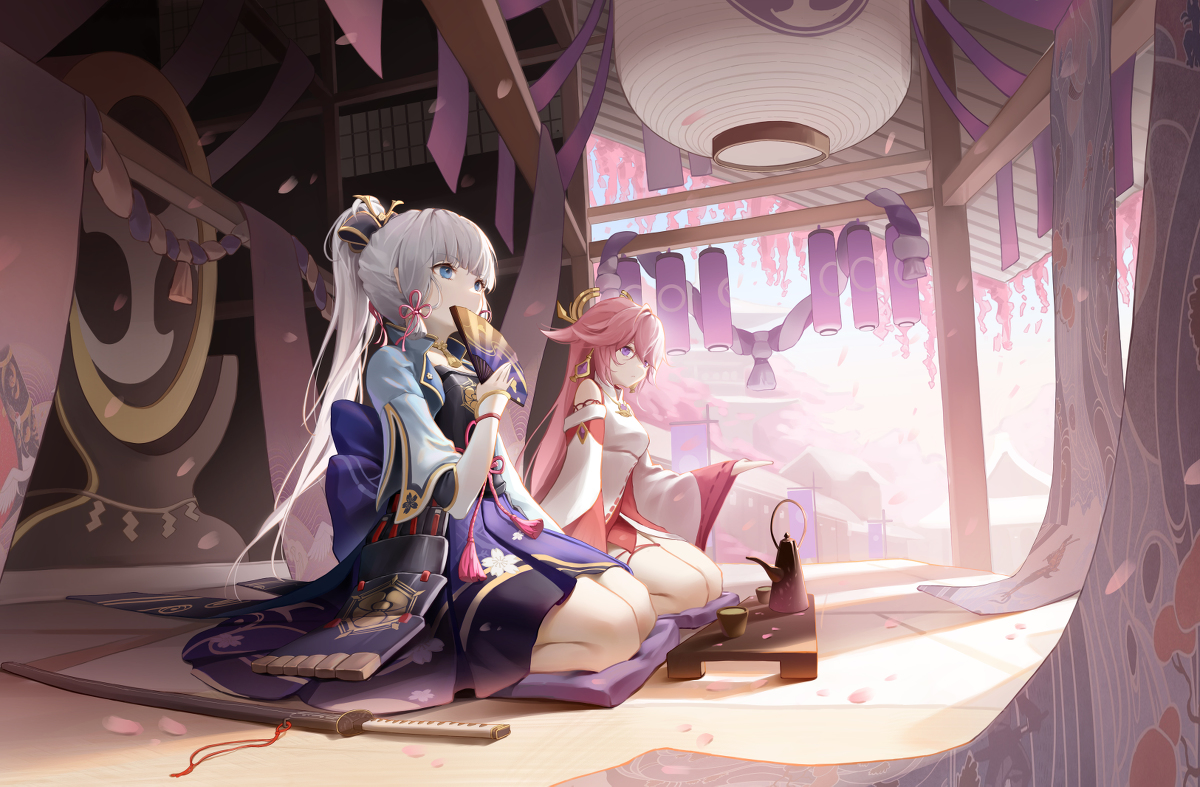 This is a pixiv picture whose title is 神里绫华  八重神子.