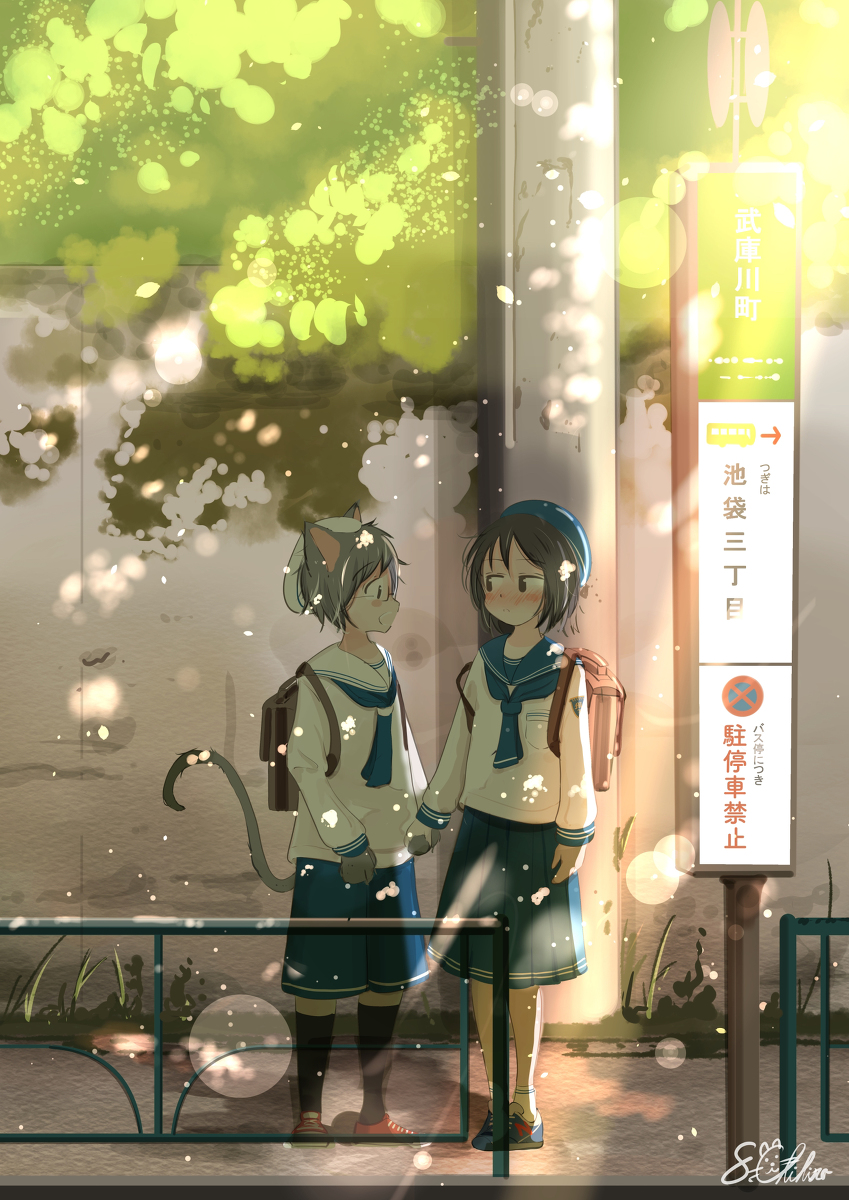 This is a pixiv picture whose title is 「手、つないでいい？」「い、いいけど……」.