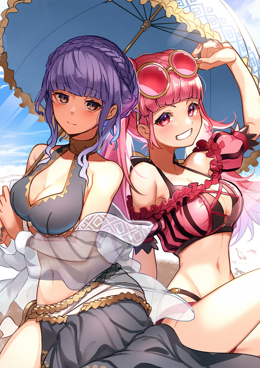 This is a pixiv picture whose title is 【FE】水着ヒルダ＆マリアンヌ【ヒーローズ】.