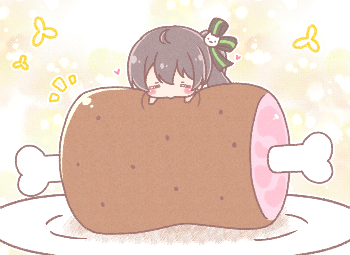 This is a pixiv picture whose title is でっかいマンガ肉の上に乗ってかぶりつくまつりちゃん.