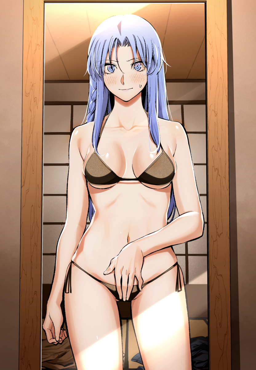 This is a pixiv picture whose title is 水着を着る際に問題が発生した若奥様.