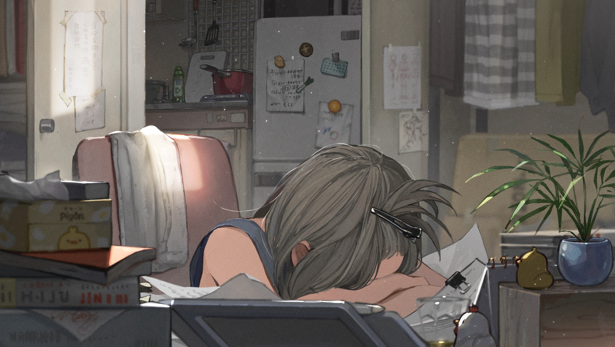 This is a pixiv picture whose title is 『夏、完徹した人🌻』.