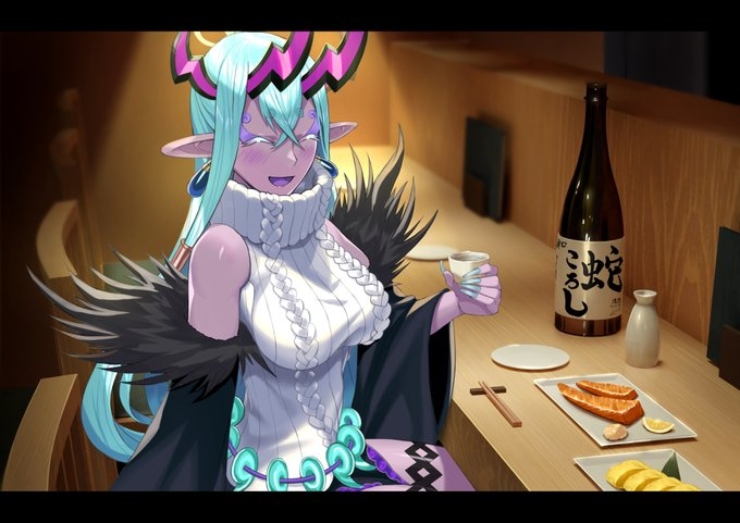 This is a pixiv picture whose title is 伊吹童子お姉さんと居酒屋デート.