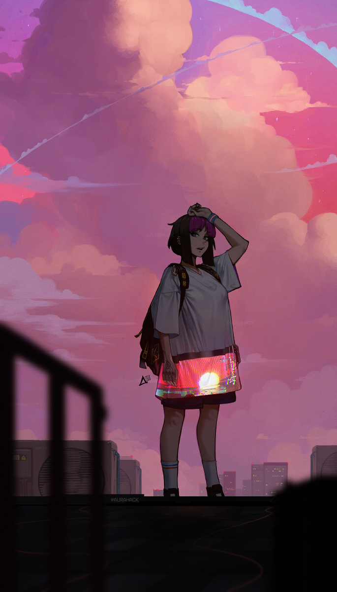 This is a pixiv picture whose title is 今夜は屋上で夕日を見ているような気分になる.