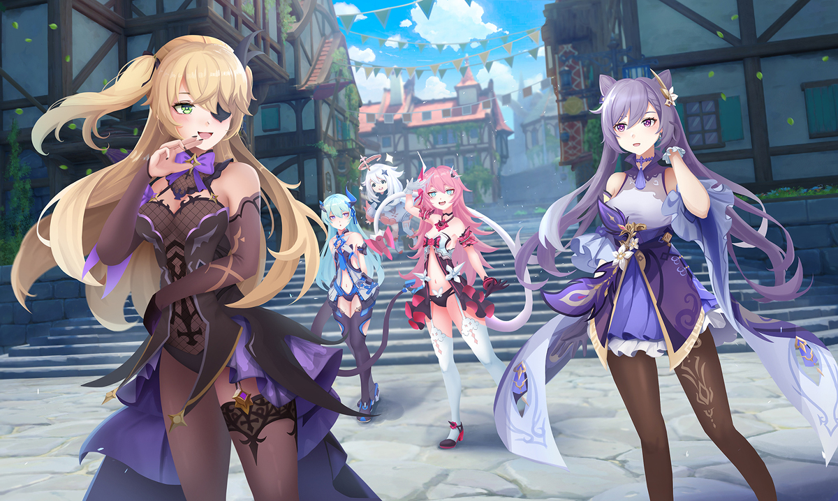 This is a pixiv picture whose title is Genshin x Honkai.