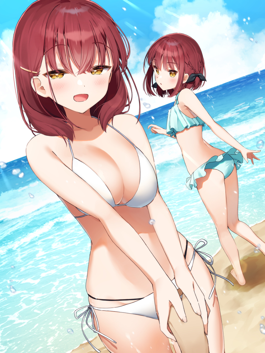 This is a pixiv picture whose title is 双子ちゃんと海.