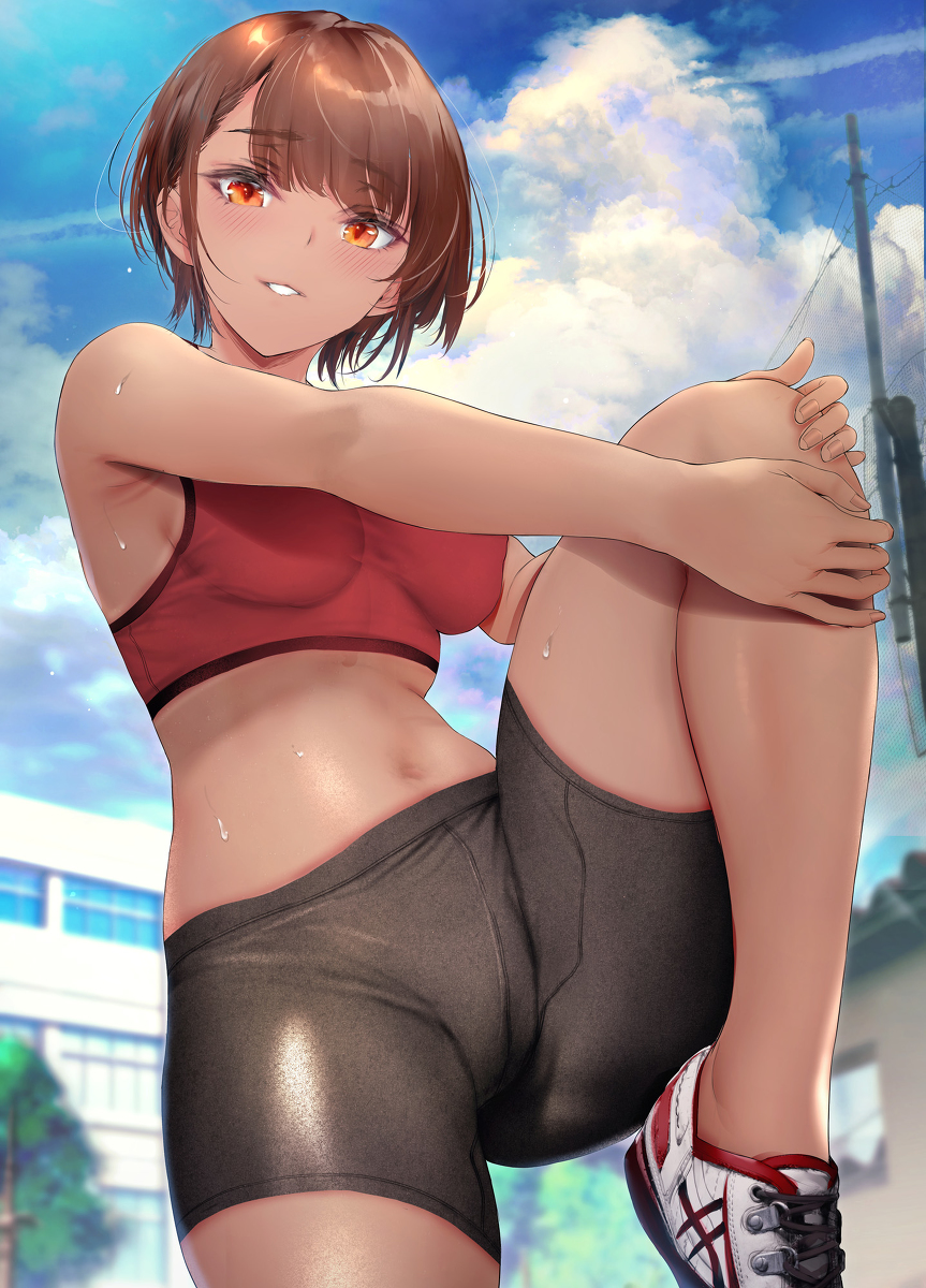 This is a pixiv picture whose title is 気になる男子が準備運動していると、新調したスパッツの柔軟性を見～.